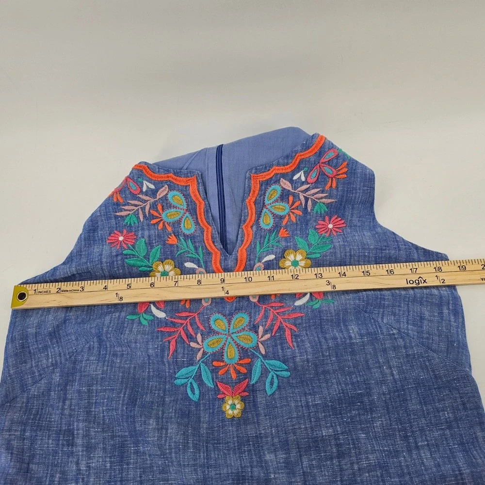 Talbots Shift Dress 6 Blue Linen Cotton Floral Embroidered V-Neck Sleeveless